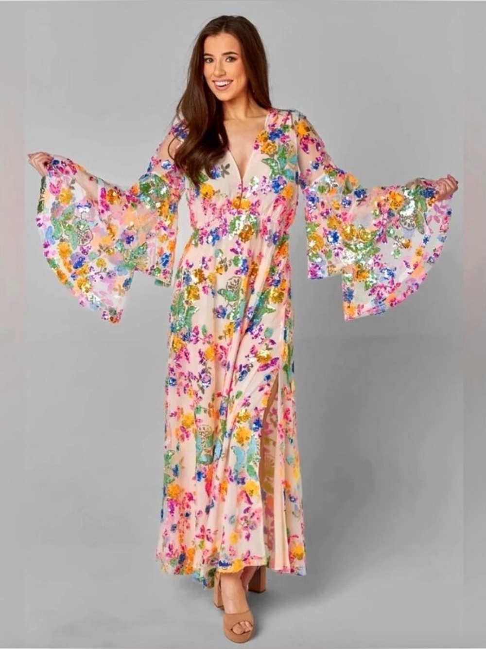 Buddy Love paradise sequin Floral Sequin Bell-Sleeve Maxi Dress